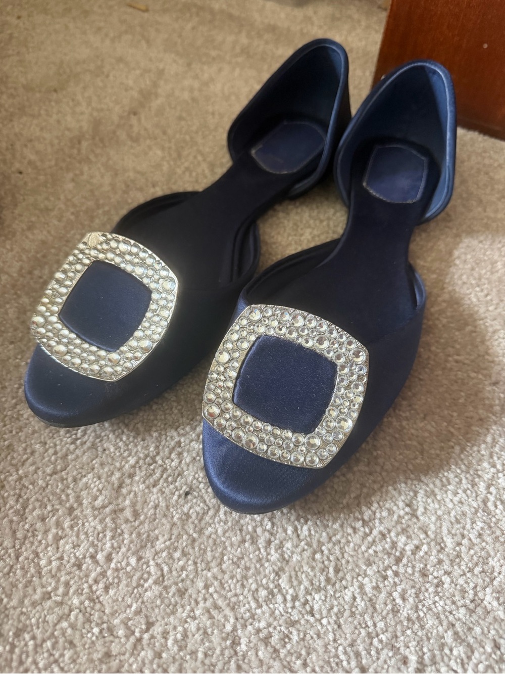 Navy Rhinestone Buckle Flats